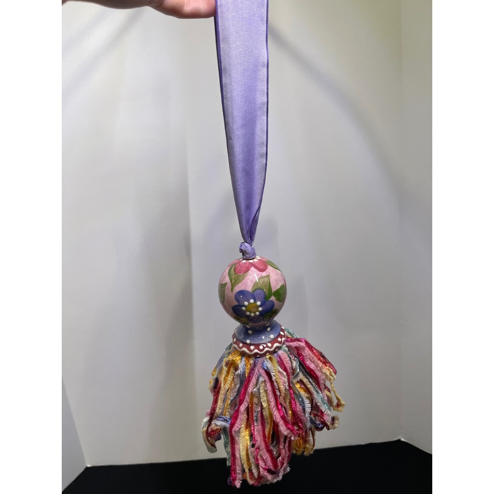 Mackenzie-Childs Keepsake Tassel Floral Ceramic Finial Ribbon Fringe 15 Inch